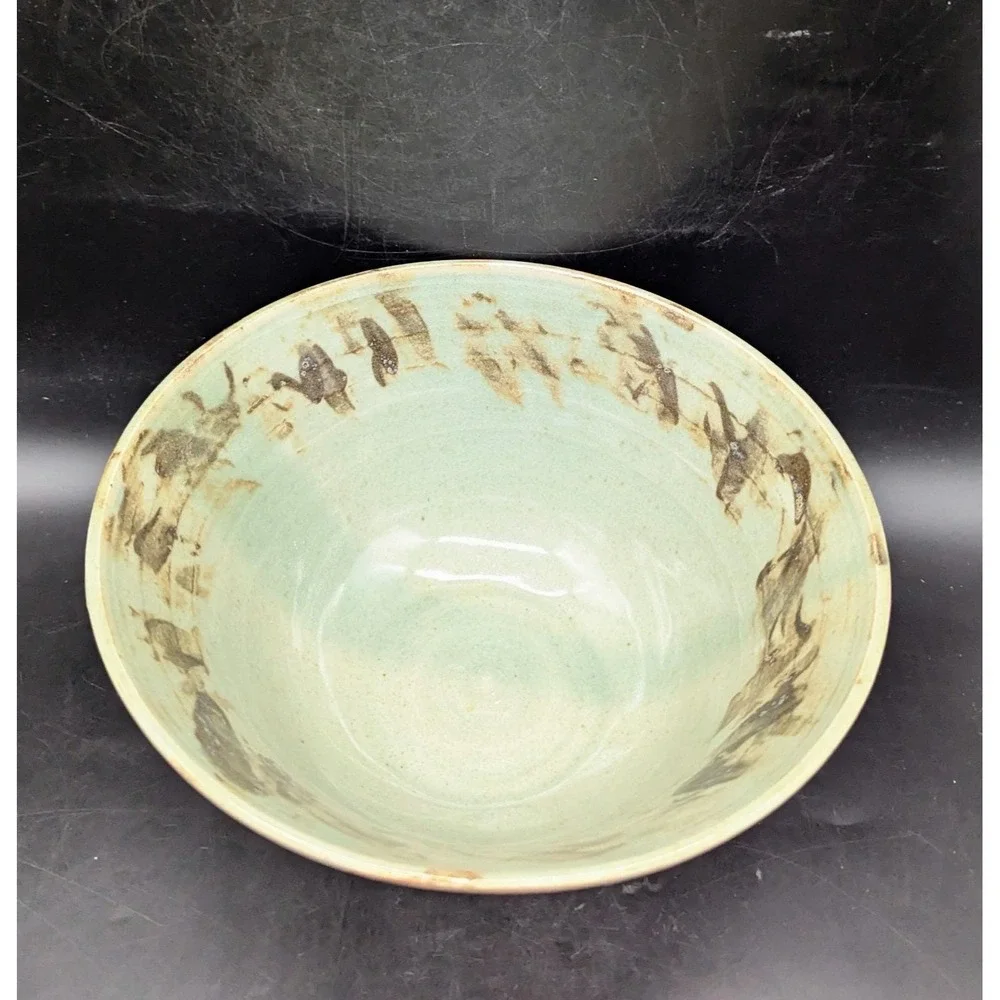 Vintage Studio Art Pottery Green Glaze Ceramic Console Fruit Bowl Signed 9.5